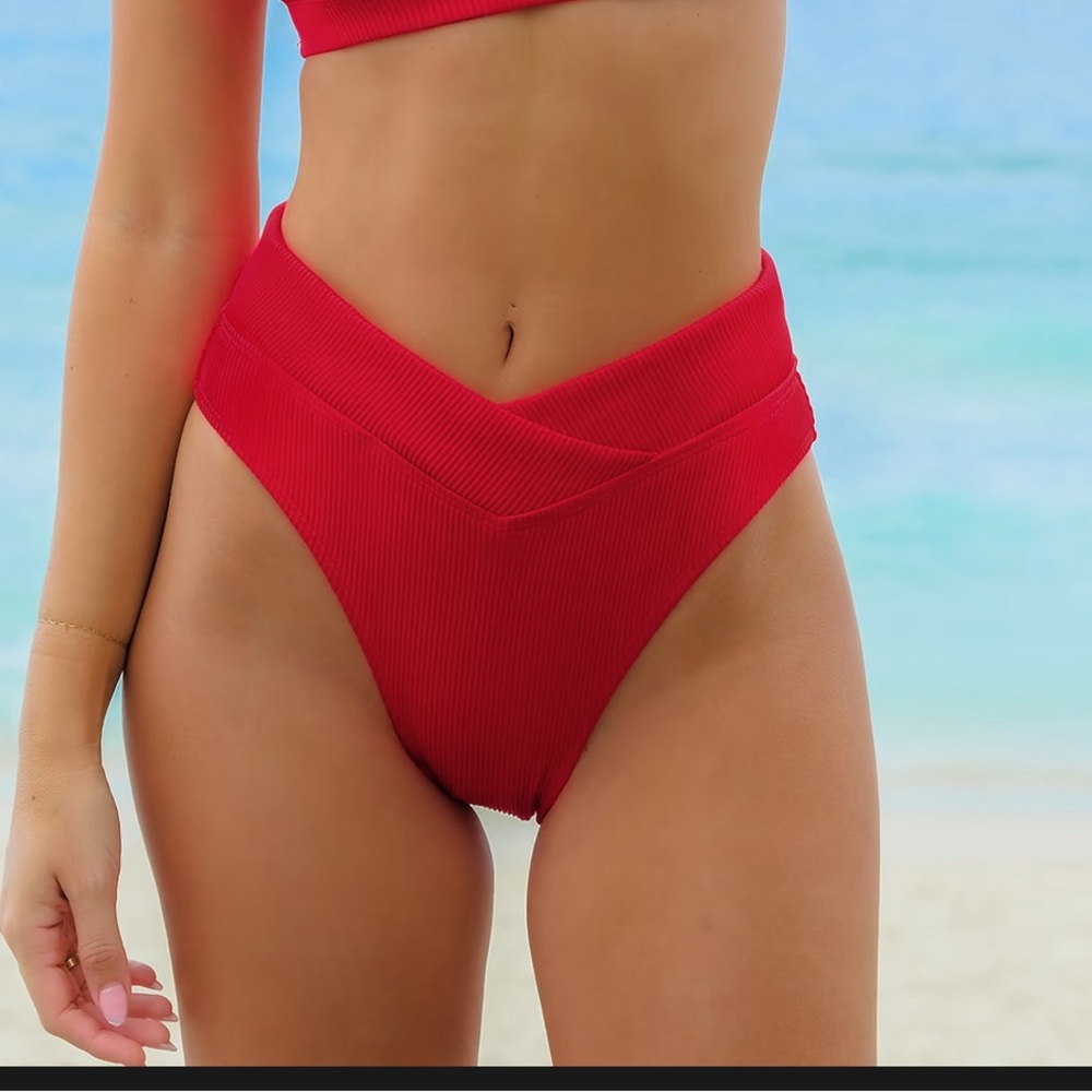 Cupshe ribbed bikini bottom V-cut, small, red
